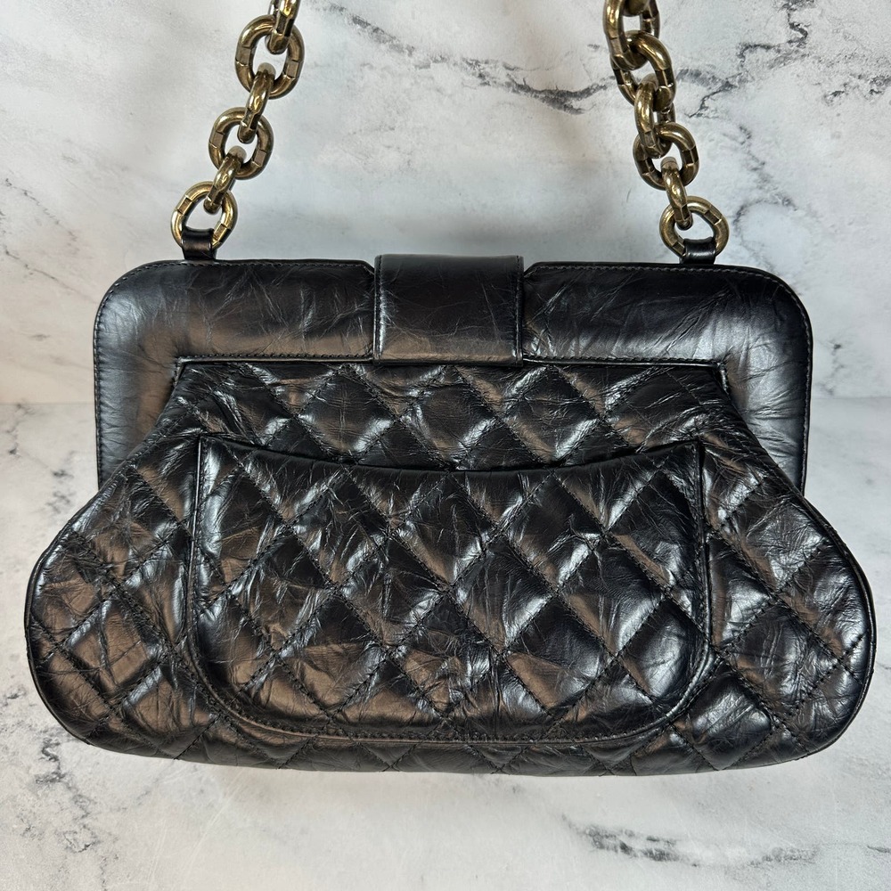 Chanel Frame Shoulder Bag CC Distressed Quilted Leather Black/Gold Thick Chain - Picture 3 of 16